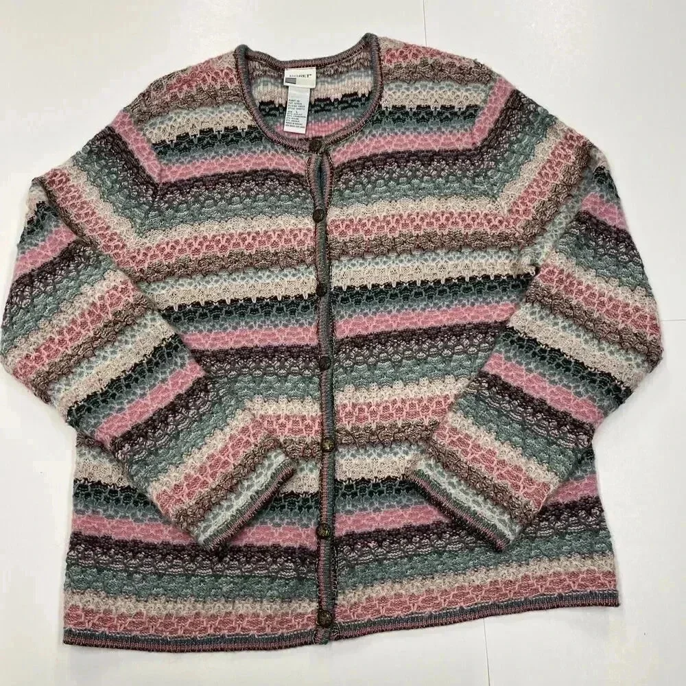 vtg KORET Boho Wool Mohair Cardigan Sweater Sz L Button Up Multicolor